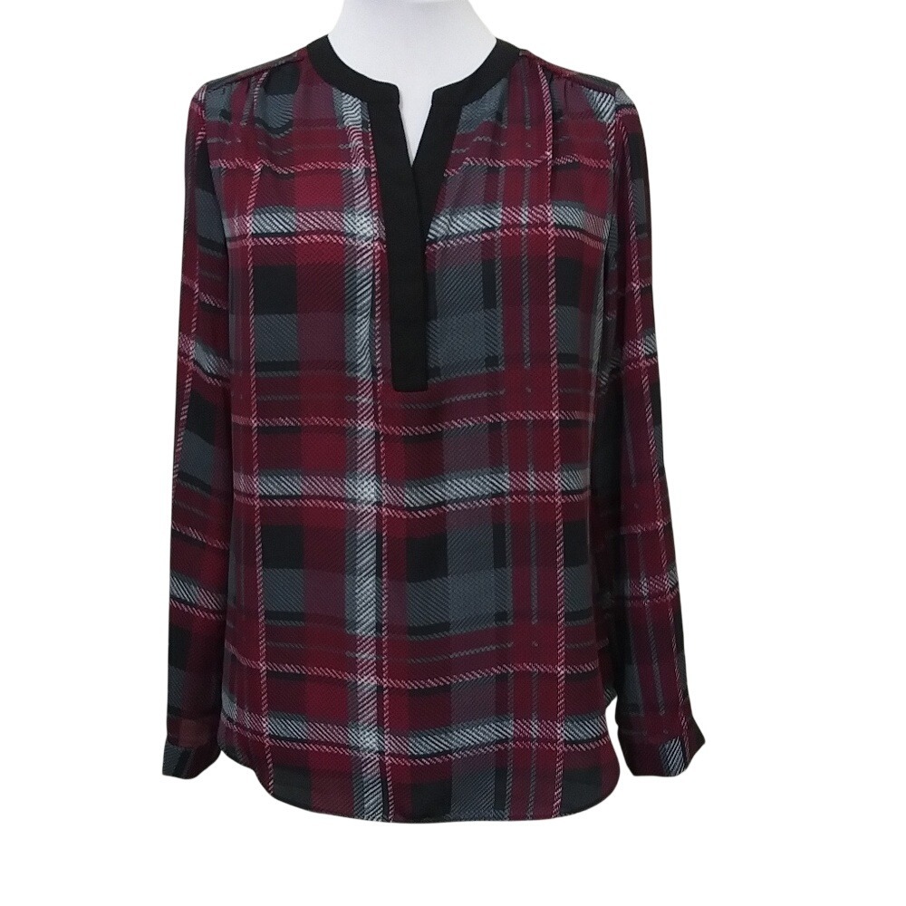 Investments Petites Plaid Roll Tab Sleeve Blouse Burgundy Grey Black PM